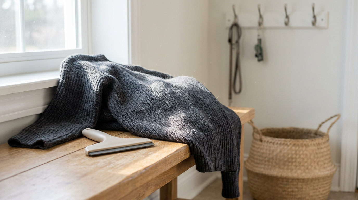 Pet hair on a dark sweater beside a reusable hair remover in a home entryway