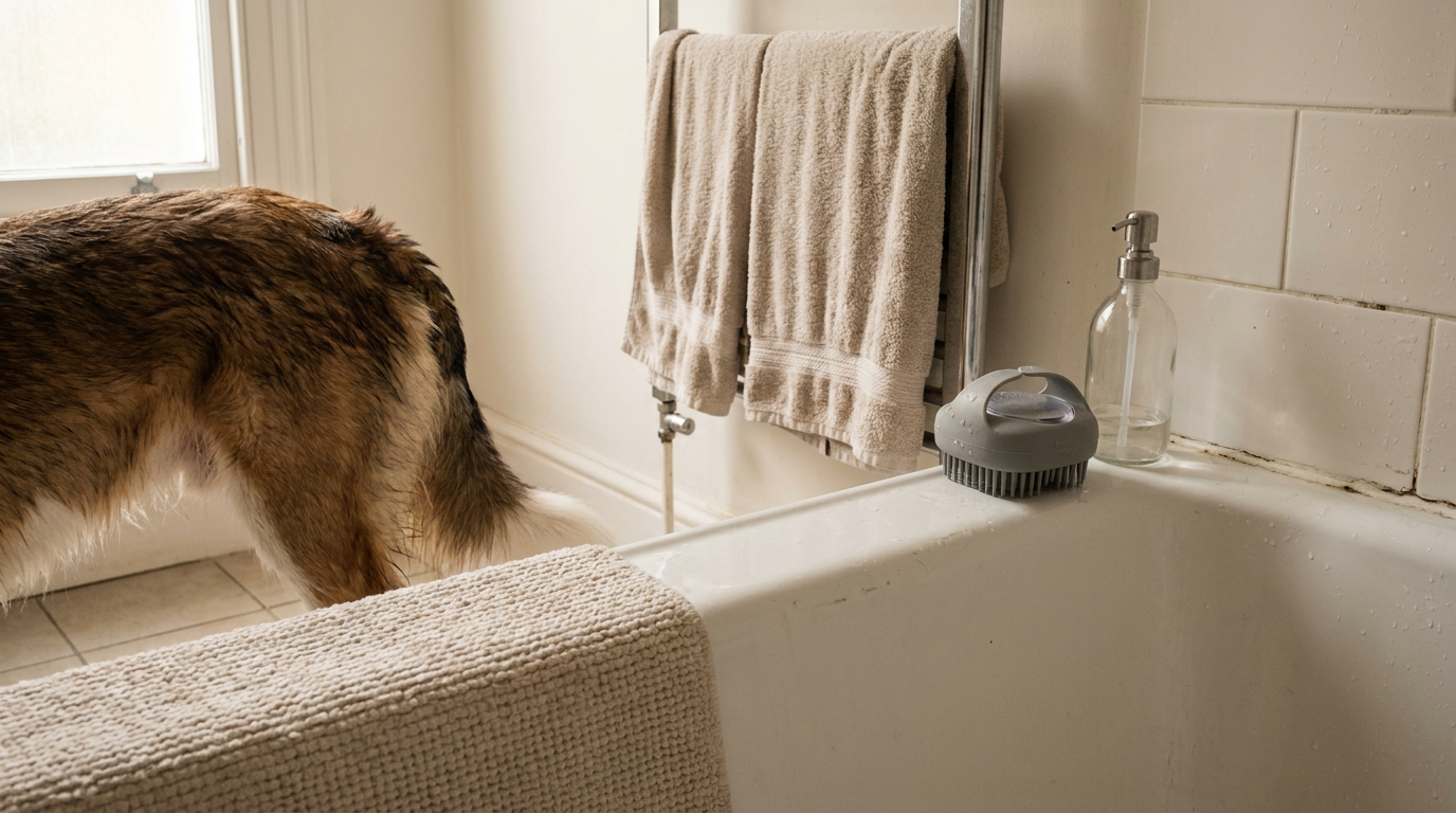 Prepared at-home winter dog bath setup with a silicone pet bath scrubber