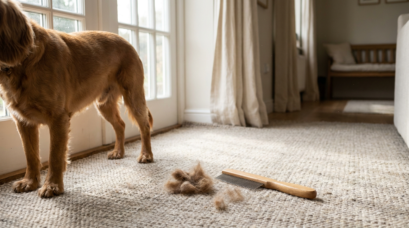 Dog seen from behind beside a deshedding tool and loose fur on a home rug