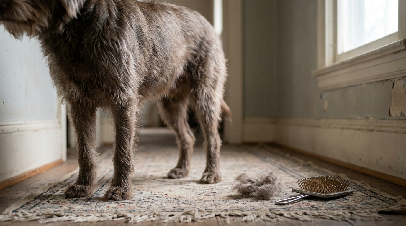 Dog coat seen from the side with a grooming brush and collected loose fur on a rug.
