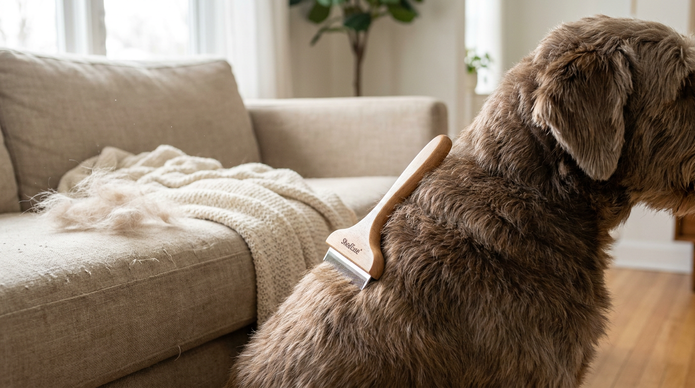 Dog coat being groomed beside a sofa to manage loose fur in winter