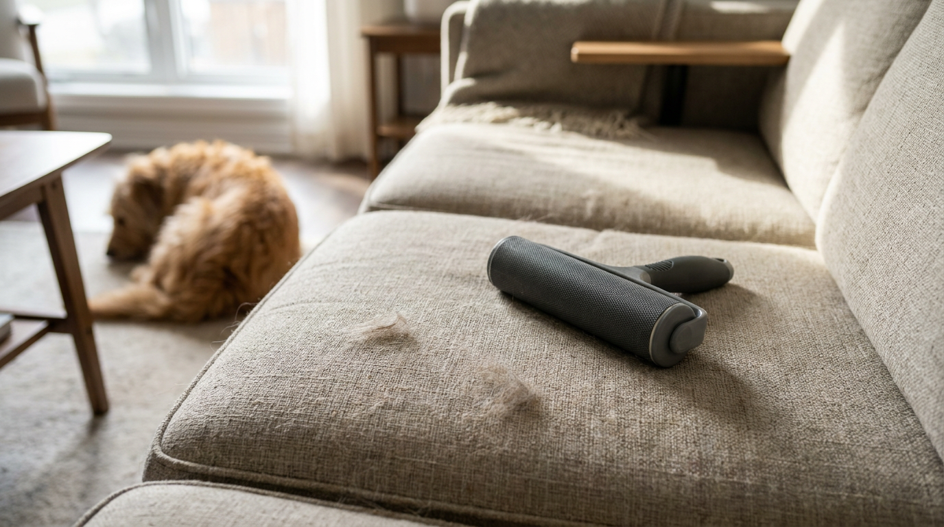 Reusable pet hair remover clearing loose dog fur from a light fabric sofa.