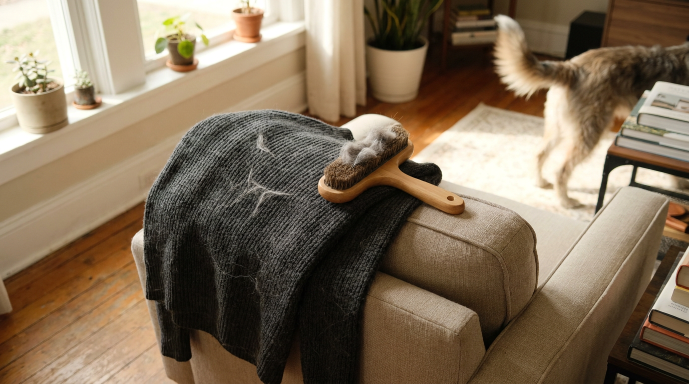Reusable pet hair remover on a fur-covered sweater draped over a chair