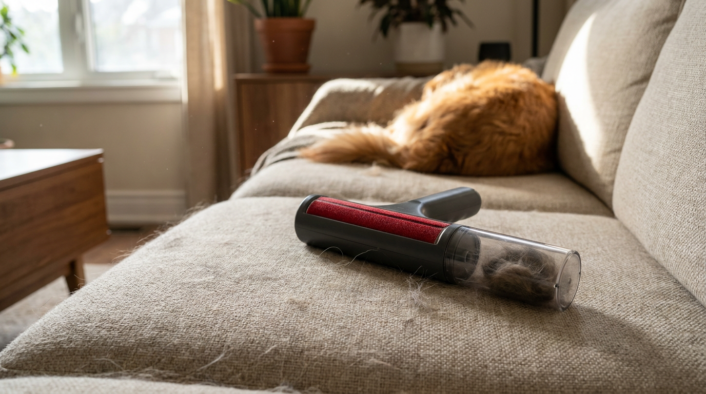 Reusable pet hair remover on a beige sofa cushion with visible dog fur