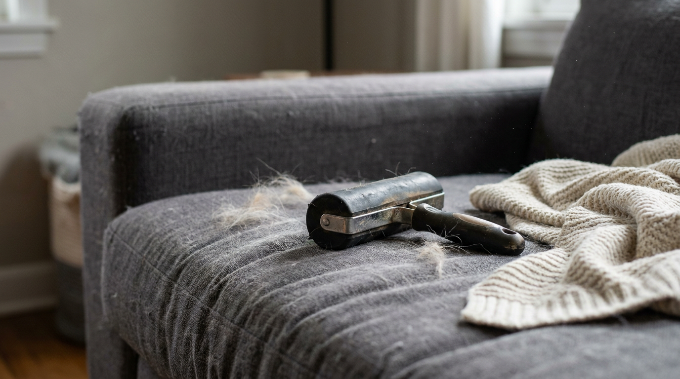 Loose dog hair on a dark fabric sofa beside an unbranded reusable pet hair remover.