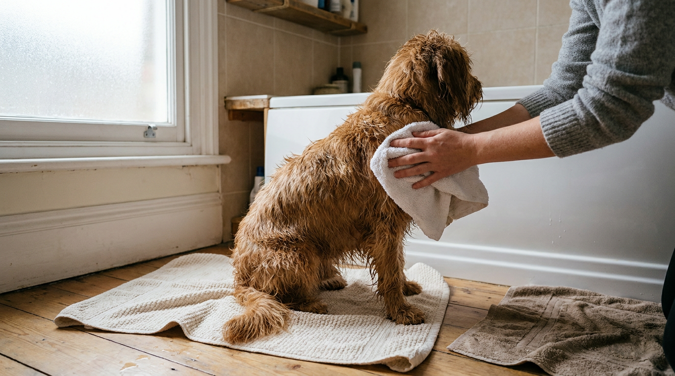 Dog being gently patted dry with a clean towel after an at-home bath