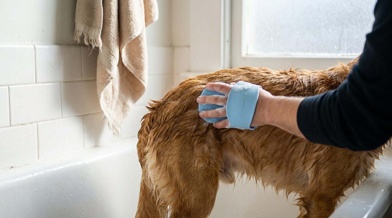 Soft silicone bath scrubber used gently on a dog’s back during an at-home bath