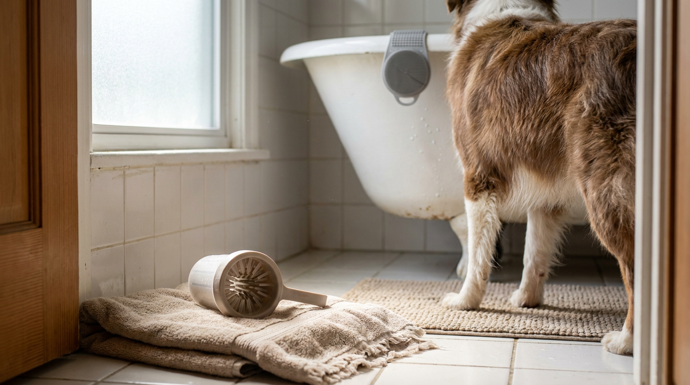 Portable paw cleaner and silicone bath scrubber in a home bathroom