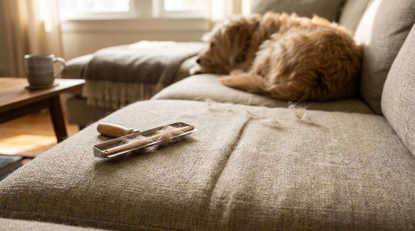 Reusable pet hair remover collecting loose dog fur from a fabric sofa cushion