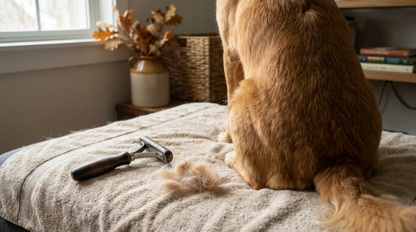 Dog seen from behind beside a deshedding tool and collected loose fall fur
