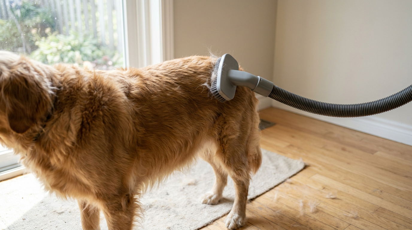 Grooming vacuum brush used along a dog's back coat to capture loose fur