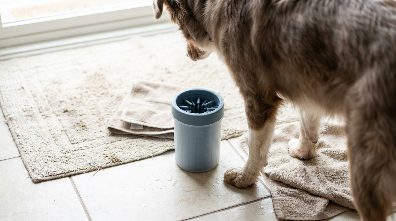 Dog paw beside a portable paw cleaner in a bright home entryway after a summer walk