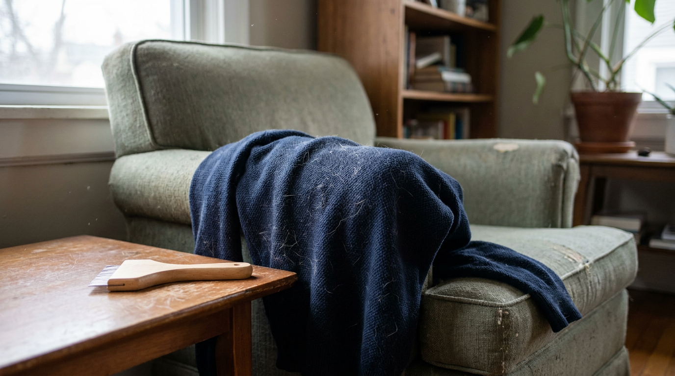 Dog hair on a dark sweater draped over a chair beside an unbranded reusable lint remover.