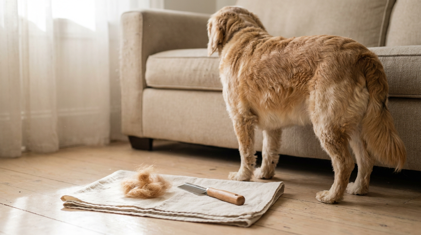 Dog shown from behind beside a deshedding tool and collected loose fur in a tidy living room