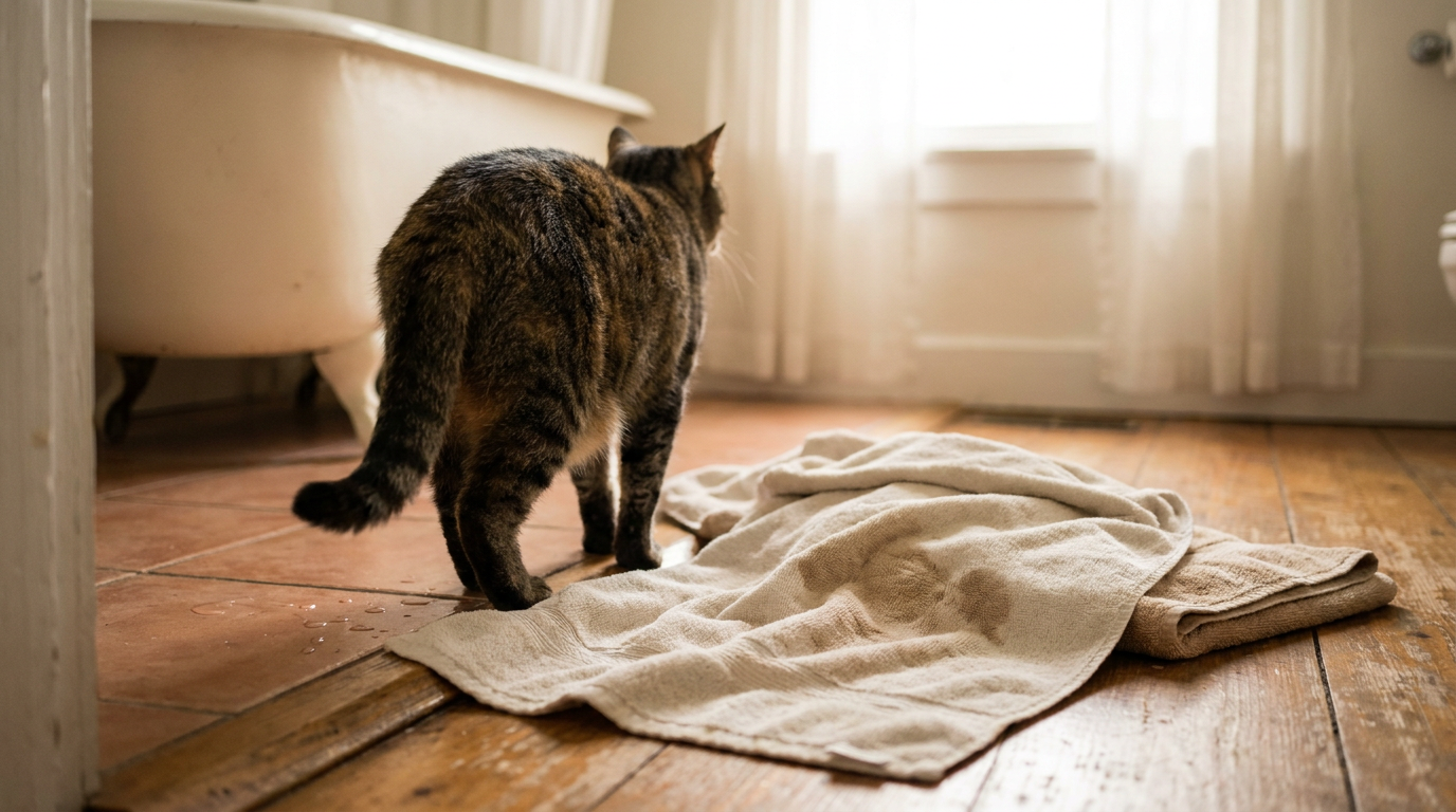 Cat viewed from behind stepping onto clean towels after a home bath