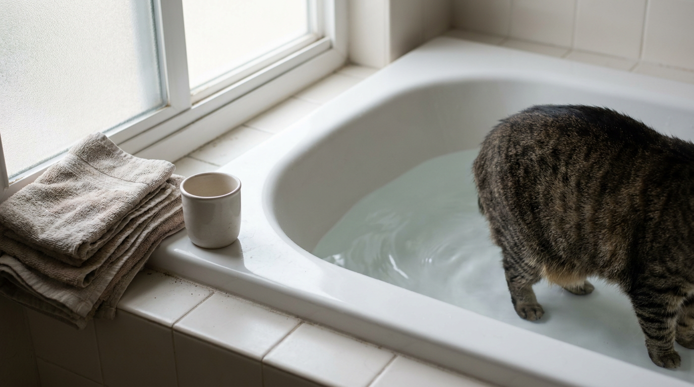 Cat seen from behind in shallow bath water beside a rinse cup and clean towels