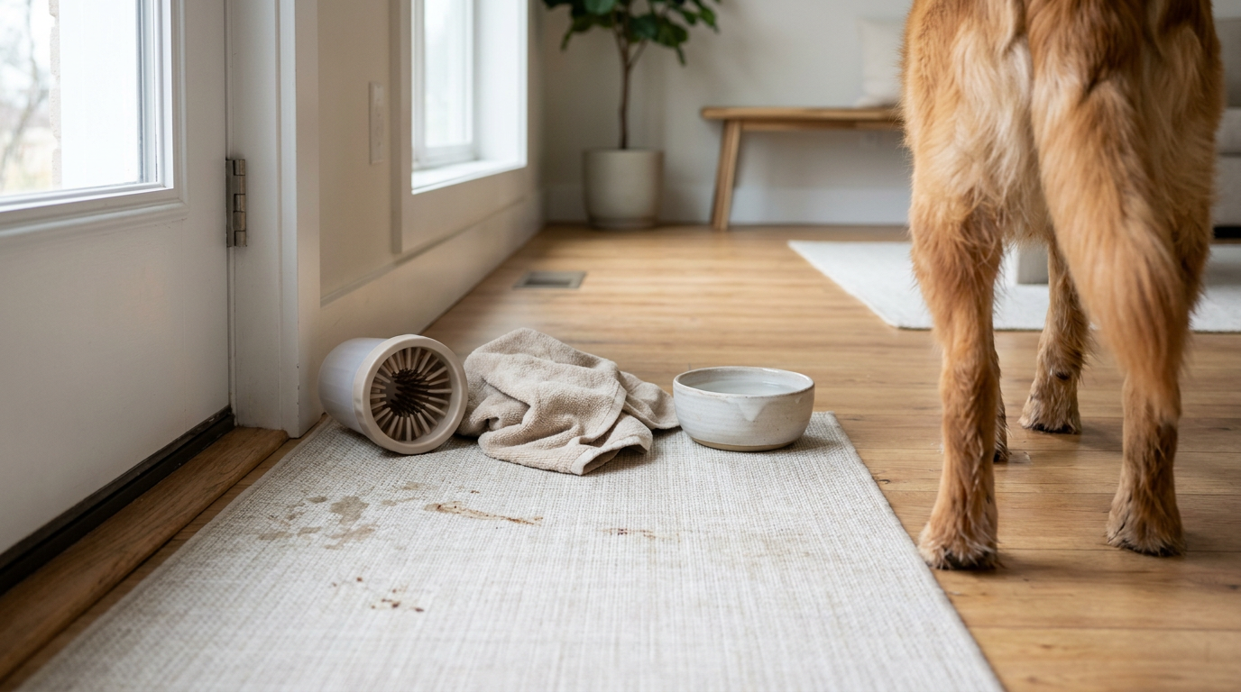 Muddy-paw station with portable cleaner and towel beside a home entryway